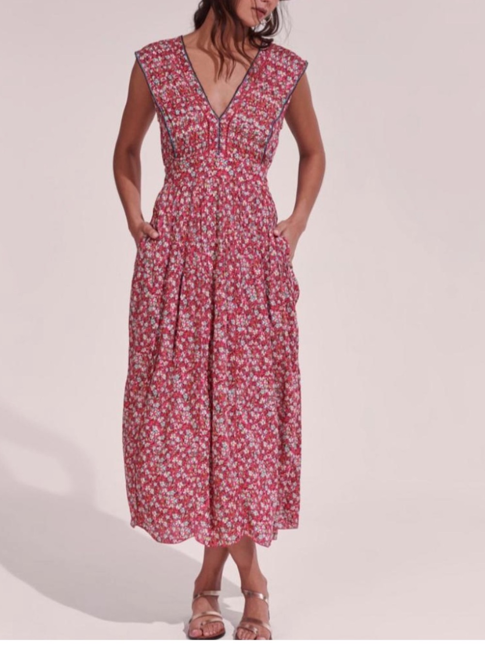 Poupette St Barth Agnes Maxi Dress Pink Flower Bunch Floral Boho Resort S